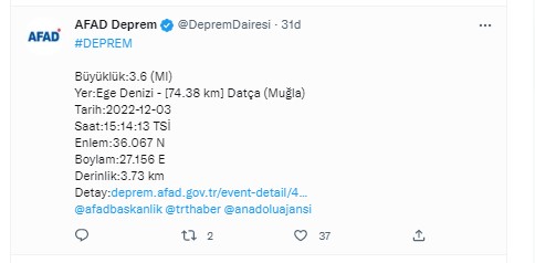 Ege Denizinde Deprem AFAD Duyurdu